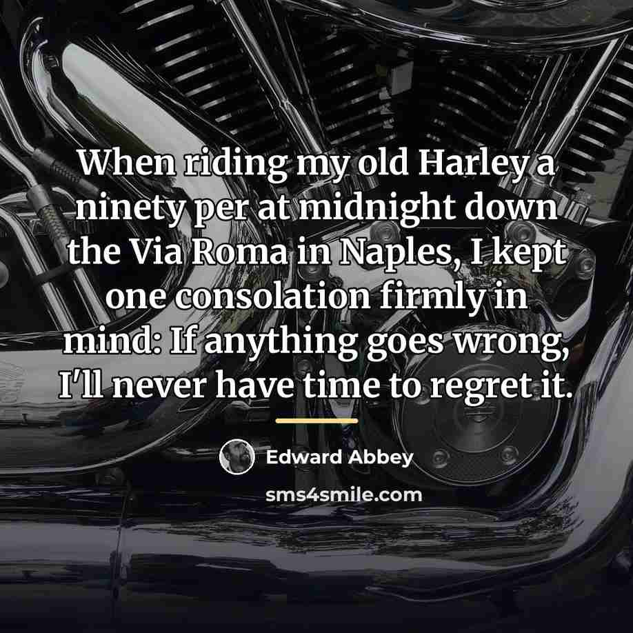 “When riding my old Harley a ninety per at midnight…” quote by Edward Abbey