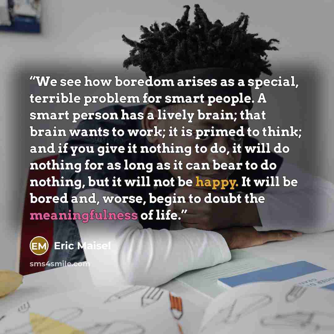 “We see how boredom arises as a special, terrible problem for smart people. A smart person has a lively brain; that brain wants to work; it is primed to think; and if you give it nothing to do, it will do nothing for as long as it can bear to do nothing, but it will not be happy. It will be bored…” quote by Eric Maisel