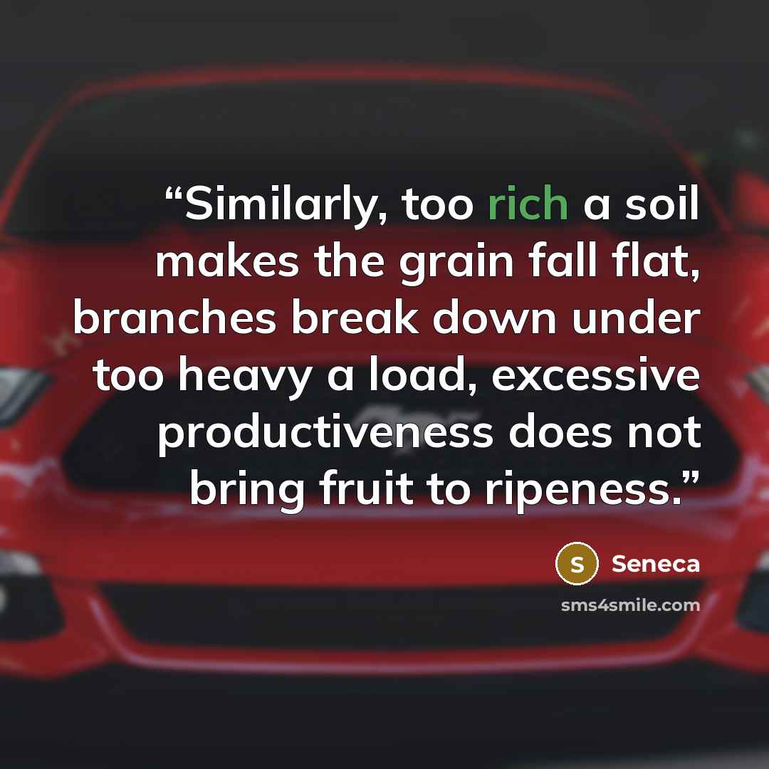 “Similarly, too rich a soil makes the grain fall flat, branches break down under too heavy a load, excessive productiveness does not bring fruit to ripeness.” quote by Seneca