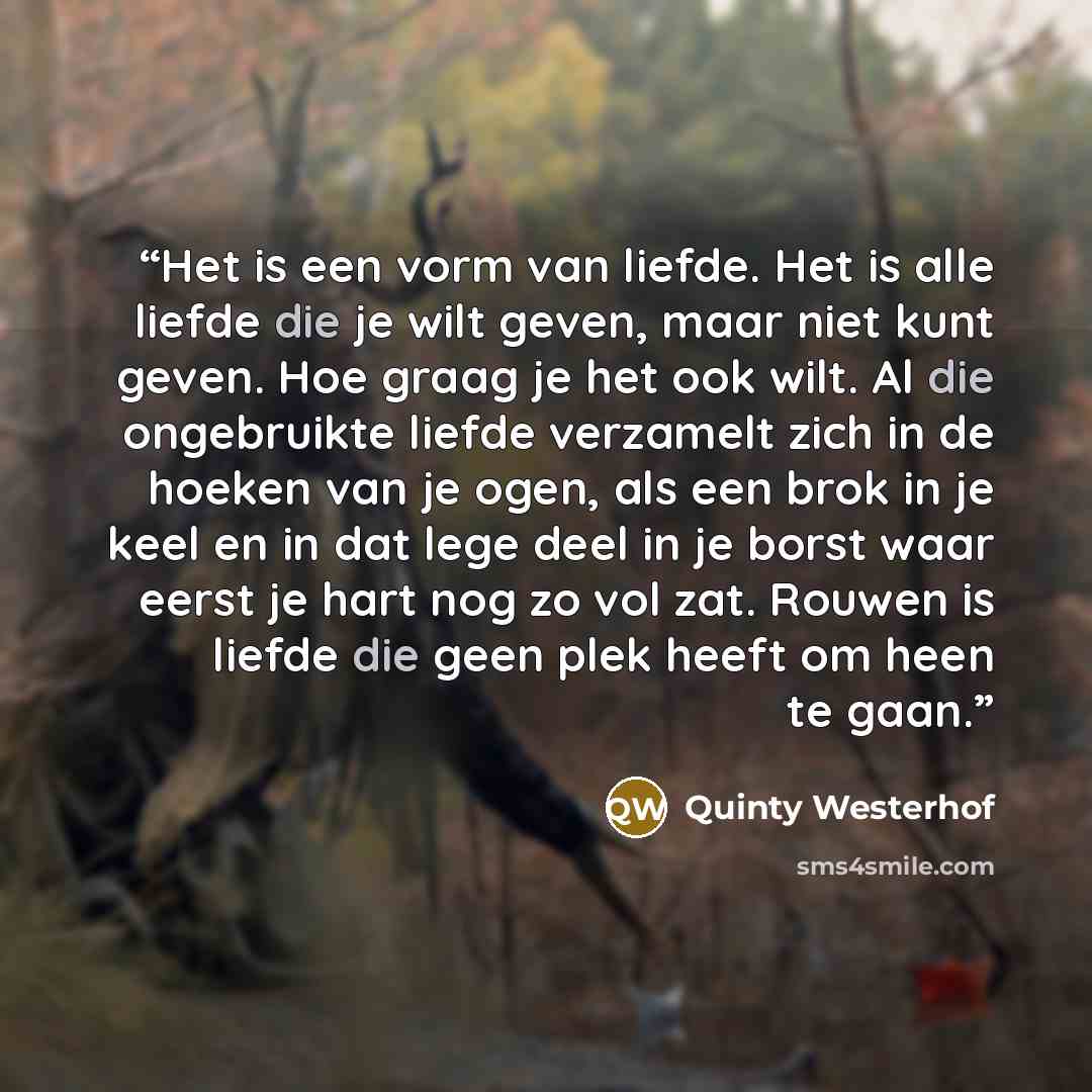 “Het is een vorm van liefde. Het is alle liefde die je wilt geven, maar niet kunt geven. Hoe graag je het ook wilt. Al die ongebruikte liefde verzamelt zich in de hoeken van je ogen, als een brok in je keel en in dat lege deel in je borst waar eerst je hart nog zo vol zat. Rouwen is liefde die geen…” quote by Quinty Westerhof