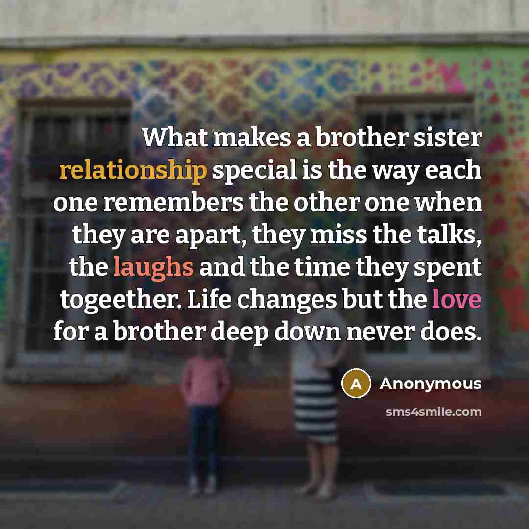 “What makes a brother sister relationship special is the way each one remembers the other one when they are apart, they miss the talks, the laughs and the time they spent togeether. Life changes but the love for a brother deep down never does.” quote by Anonymous