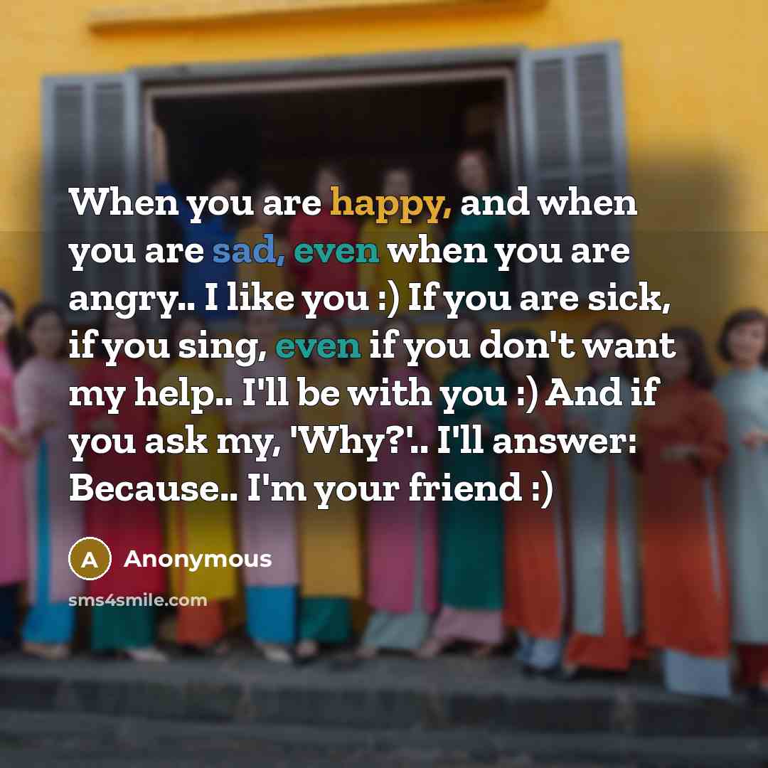 “When you are happy, and when you are sad, even when you are angry.. I like you :) If you are sick, if you sing, even if you don't want my help.. I'll be with you :) And if you ask my, 'Why?'.. I'll answer: Because.. I'm your friend :)” quote by Anonymous