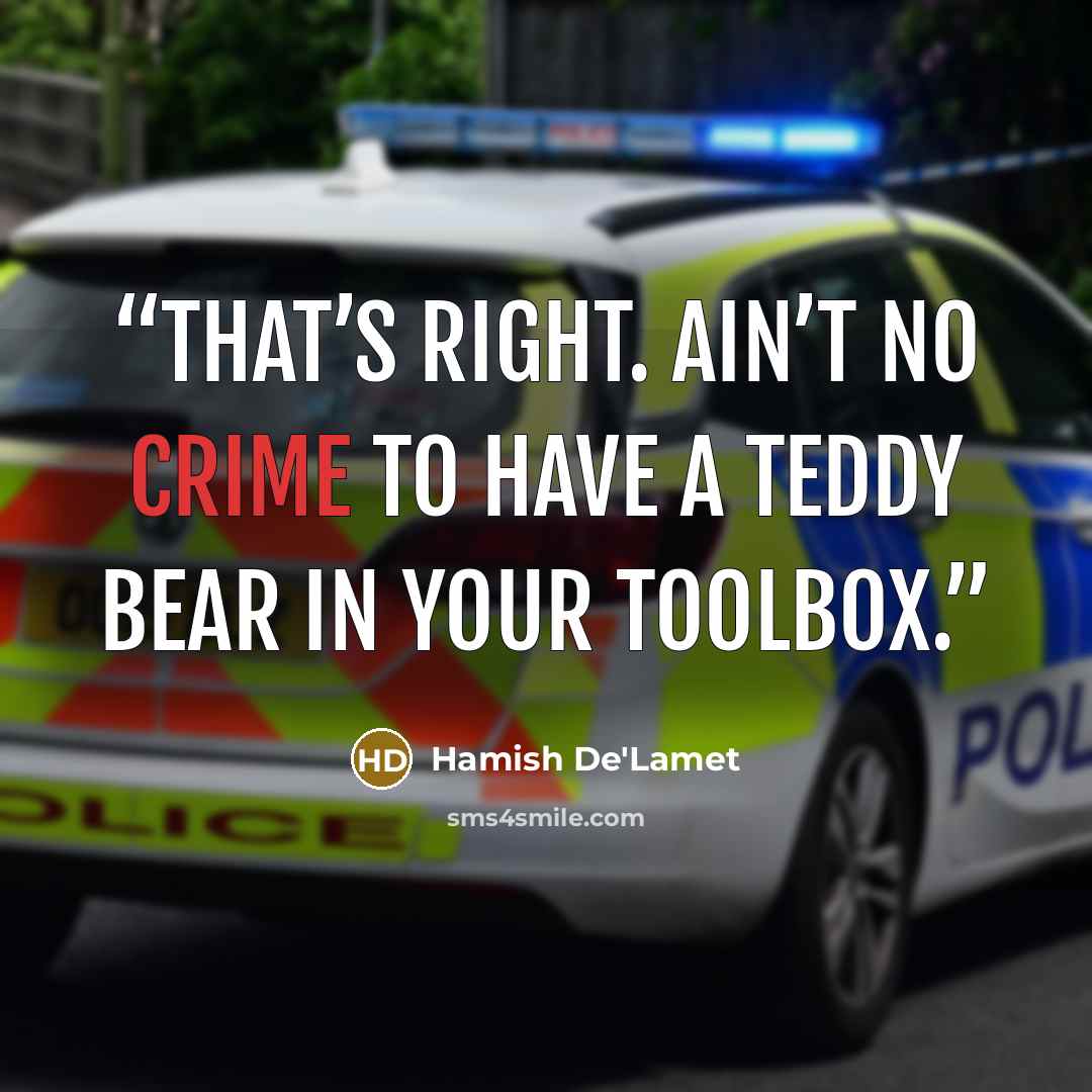 “That’s right. Ain’t no crime to have a teddy bear in your toolbox.” quote by Hamish De'Lamet