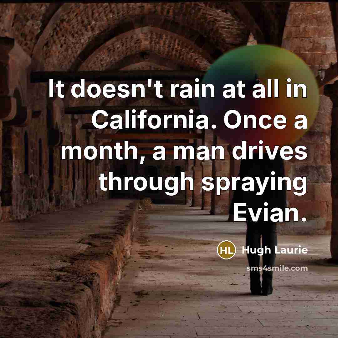 “It doesn't rain at all in California. Once a month,…” quote by Hugh Laurie