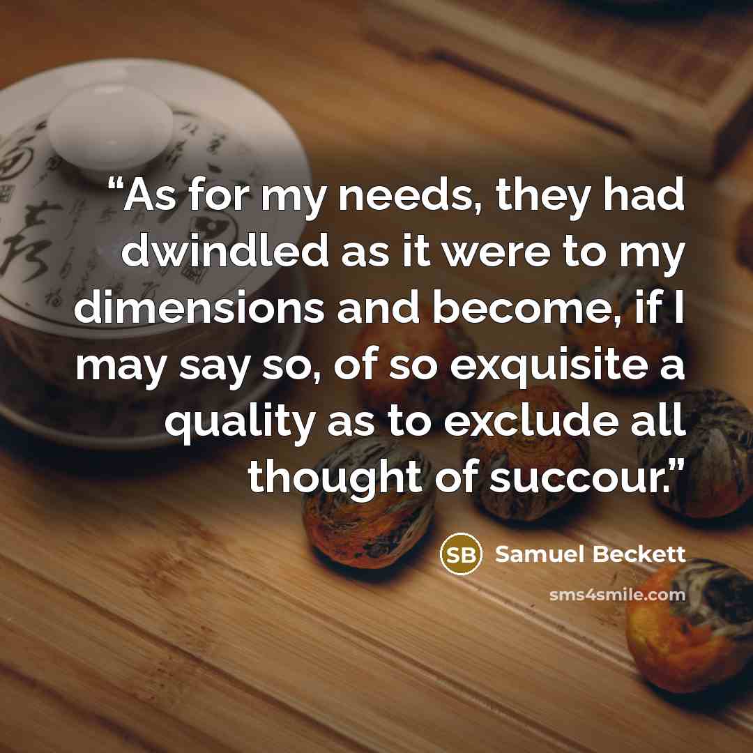 “As for my needs, they had dwindled as it were to my dimensions and become, if I may say so, of so exquisite a quality as to exclude all thought of succour.” quote by Samuel Beckett