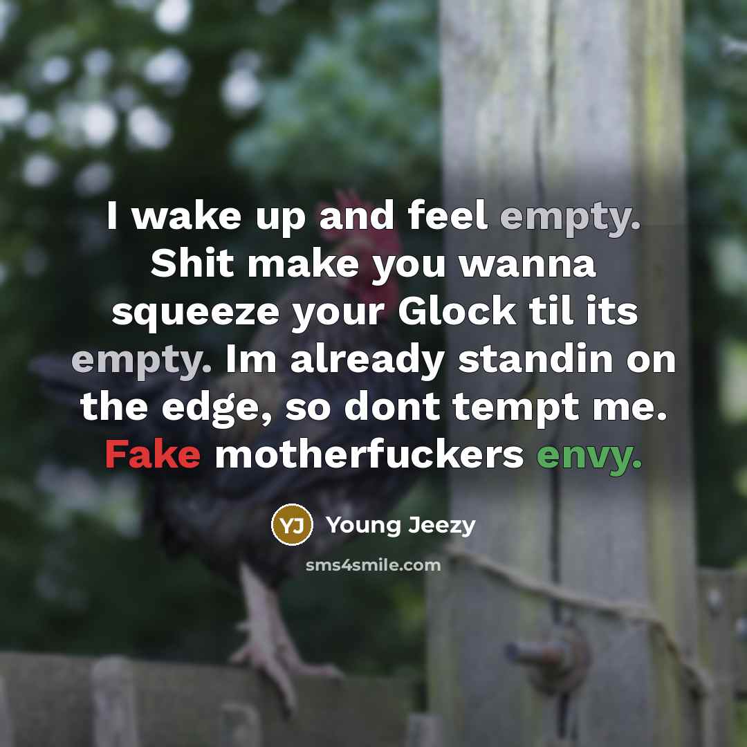 “I wake up and feel empty. Shit make you wanna squeeze your Glock til its empty. Im already standin on the edge, so dont tempt me. Fake motherfuckers envy.” quote by Young Jeezy
