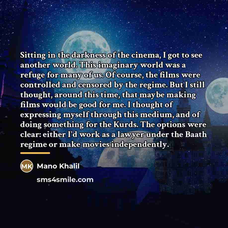 “Sitting in the darkness of the cinema, I got to…” quote by Mano Khalil