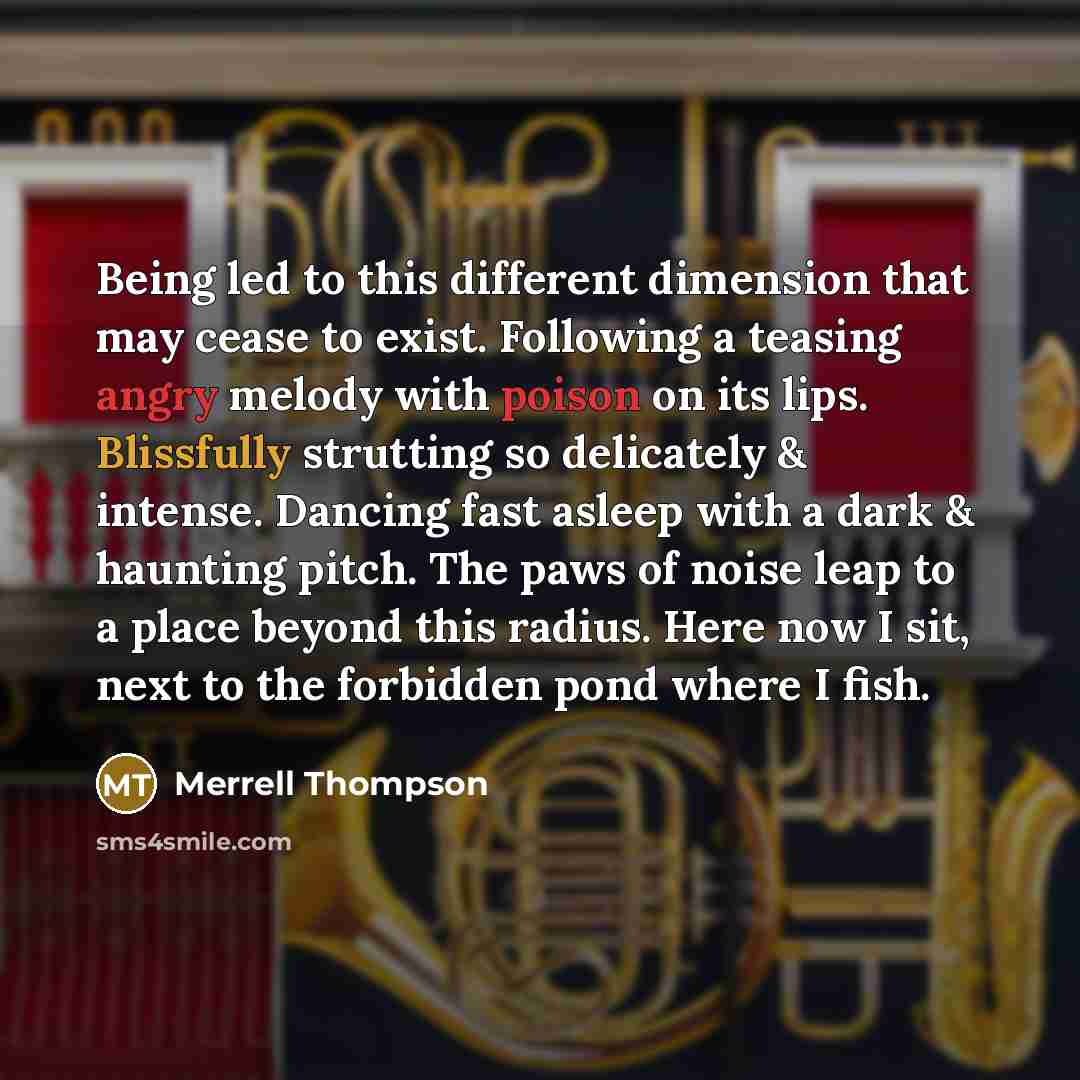 “Being led to this different dimension that may cease to exist. Following a teasing angry melody with poison on its lips. Blissfully strutting so delicately & intense. Dancing fast asleep with a dark & haunting pitch. The paws of noise leap to a place beyond this radius. Here now I sit, next to the…” quote by Merrell Thompson