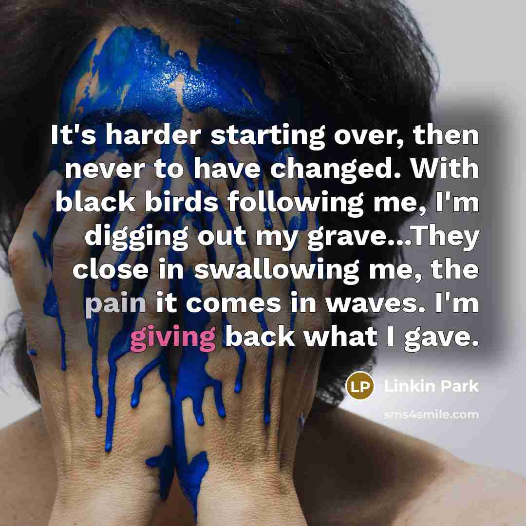 “It's harder starting over, then never to have changed. With black birds following me, I'm digging out my grave...They close in swallowing me, the pain it comes in waves. I'm giving back what I gave.” quote by Linkin Park