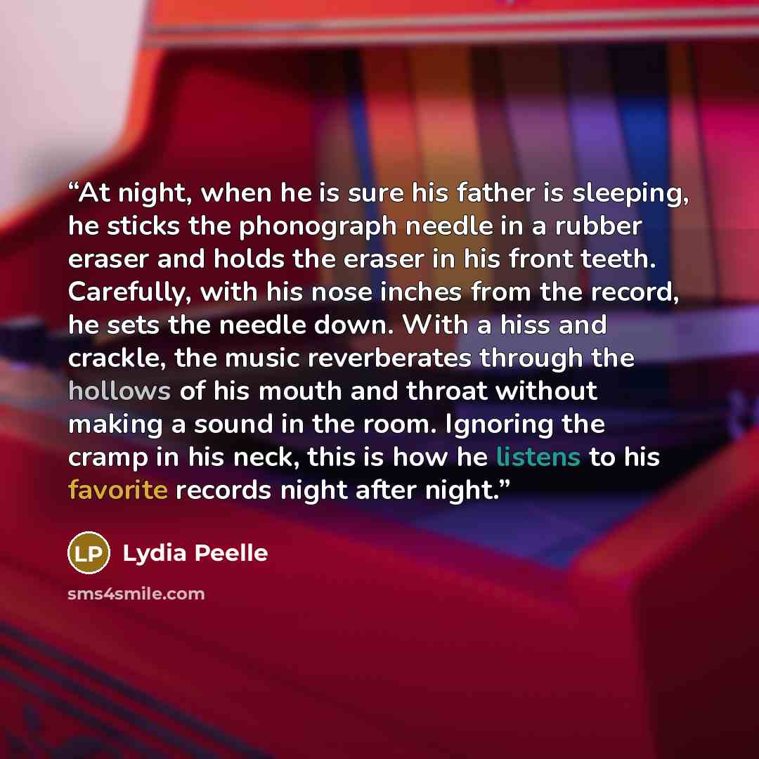 “At night, when he is sure his father is sleeping, he sticks the phonograph needle in a rubber eraser and holds the eraser in his front teeth. Carefully, with his nose inches from the record, he sets the needle down. With a hiss and crackle, the music reverberates through the hollows of his mouth…” quote by Lydia Peelle