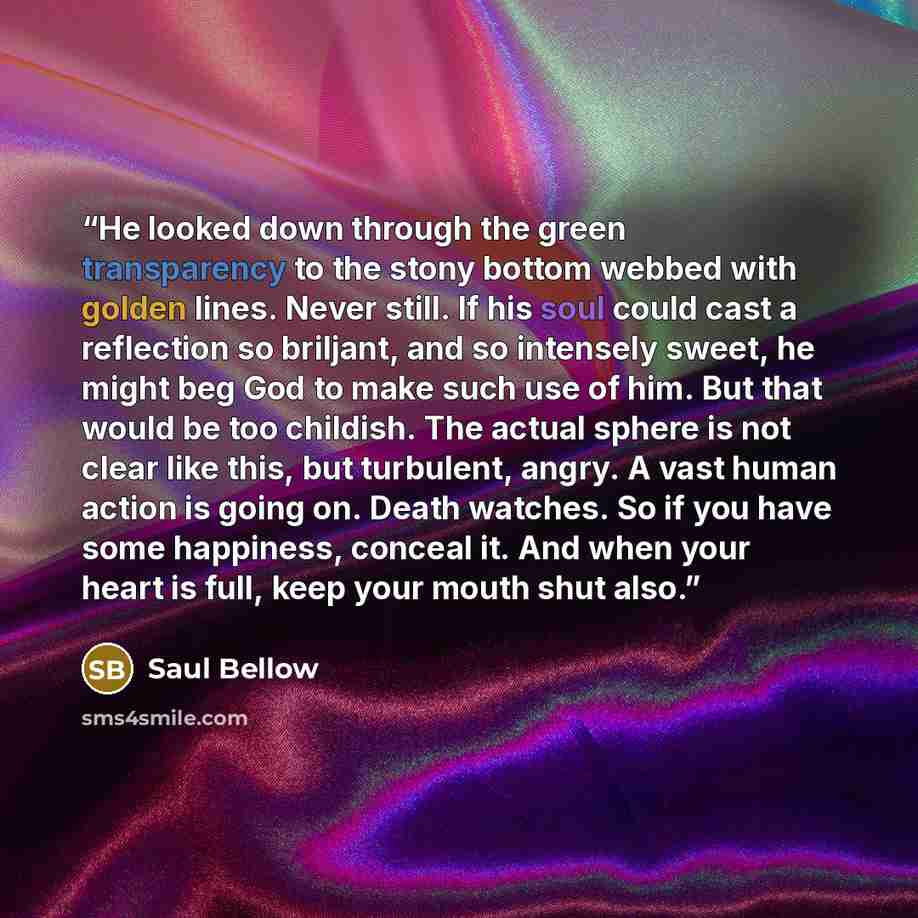 “He looked down through the green transparency to the stony bottom webbed with golden lines. Never still. If his soul could cast a reflection so briljant, and so intensely sweet, he might beg God to make such use of him. But that would be too childish. The actual sphere is not clear like this, but…” quote by Saul Bellow