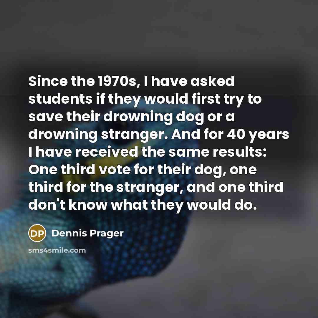 “Since the 1970s, I have asked students if they would first try to save their drowning dog or a drowning stranger. And for 40 years I have received the same results: One third vote for their dog, one third for the stranger, and one third don't know what they would do.” quote by Dennis Prager
