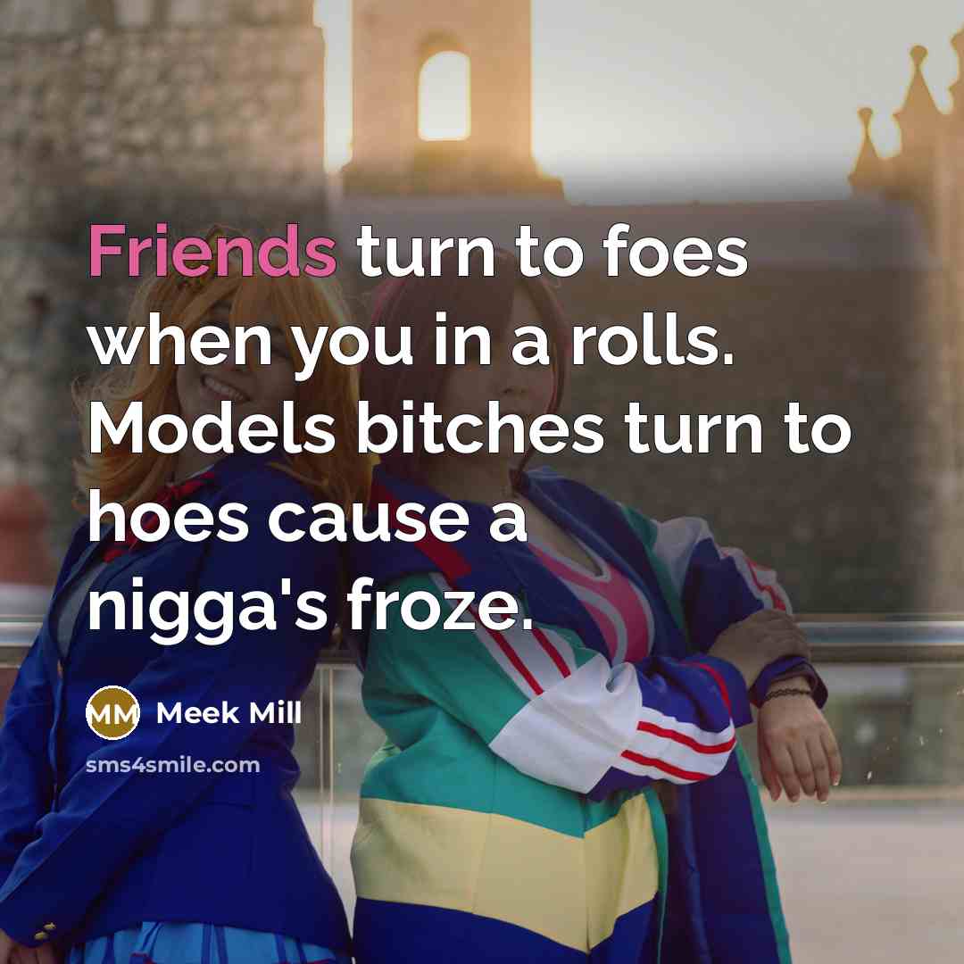 “Friends turn to foes when you in a rolls. Models bitches turn to hoes cause a nigga's froze.” quote by Meek Mill