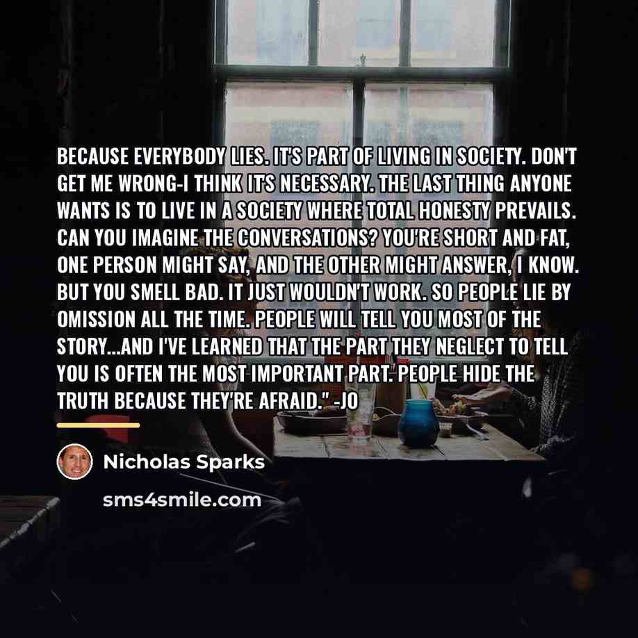 “Because everybody lies. It's part of living in society. Don't…” quote by Nicholas Sparks
