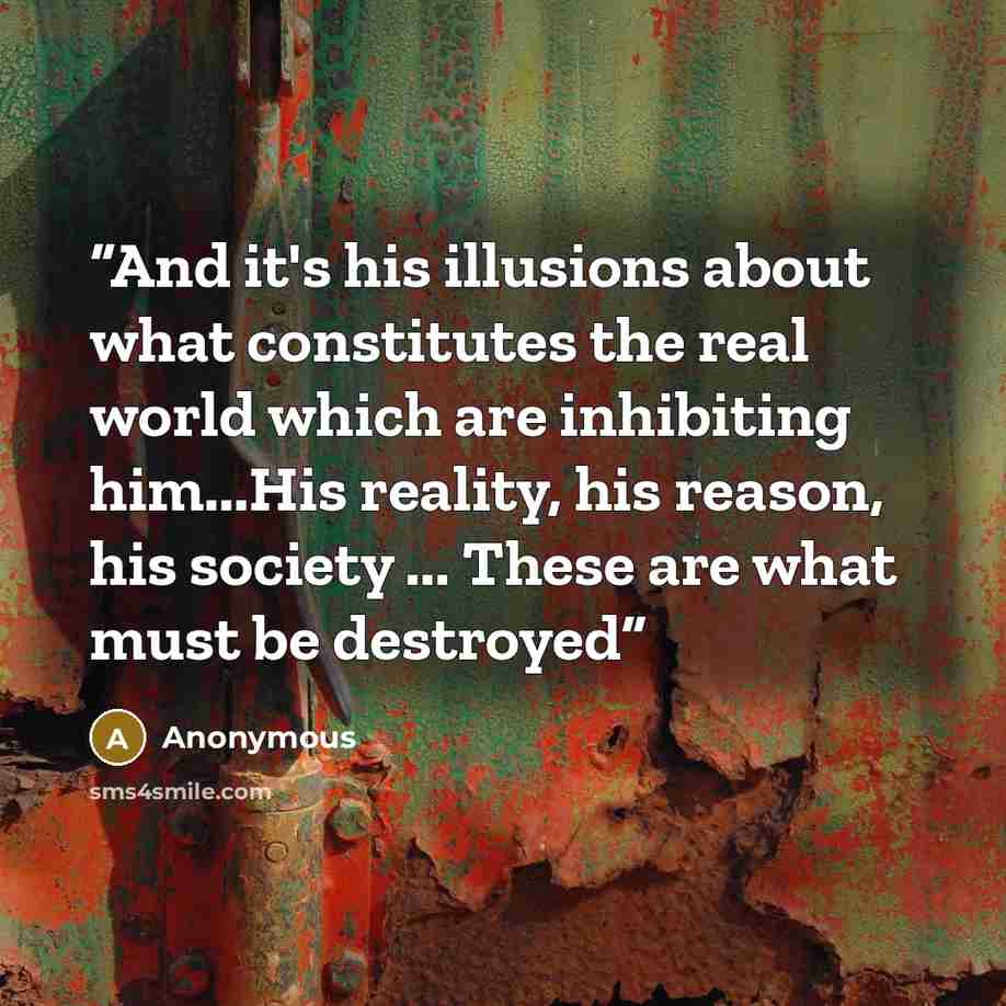 “And it's his illusions about what constitutes the real world which are inhibiting him...His reality, his reason, his society ... These are what must be destroyed” quote by Anonymous