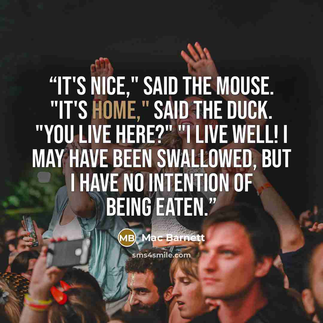 “It's nice," said the mouse. "It's home," said the duck. "You live here?" "I live well! I may have been swallowed, but I have no intention of being eaten.” quote by Mac Barnett