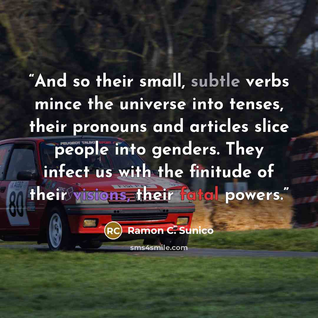 “And so their small, subtle verbs mince the universe into tenses, their pronouns and articles slice people into genders. They infect us with the finitude of their visions, their fatal powers.” quote by Ramon C. Sunico