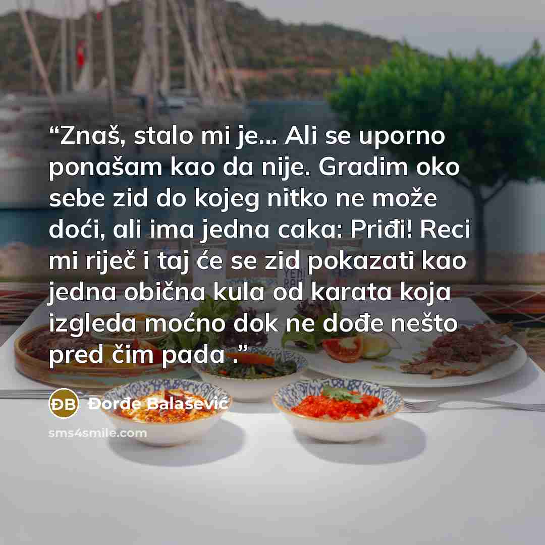 “Znaš, stalo mi je... Ali se uporno ponašam kao da nije. Gradim oko sebe zid do kojeg nitko ne može doći, ali ima jedna caka: Priđi! Reci mi riječ i taj će se zid pokazati kao jedna obična kula od karata koja izgleda moćno dok ne dođe nešto pred čim pada .” quote by Đorđe Balašević