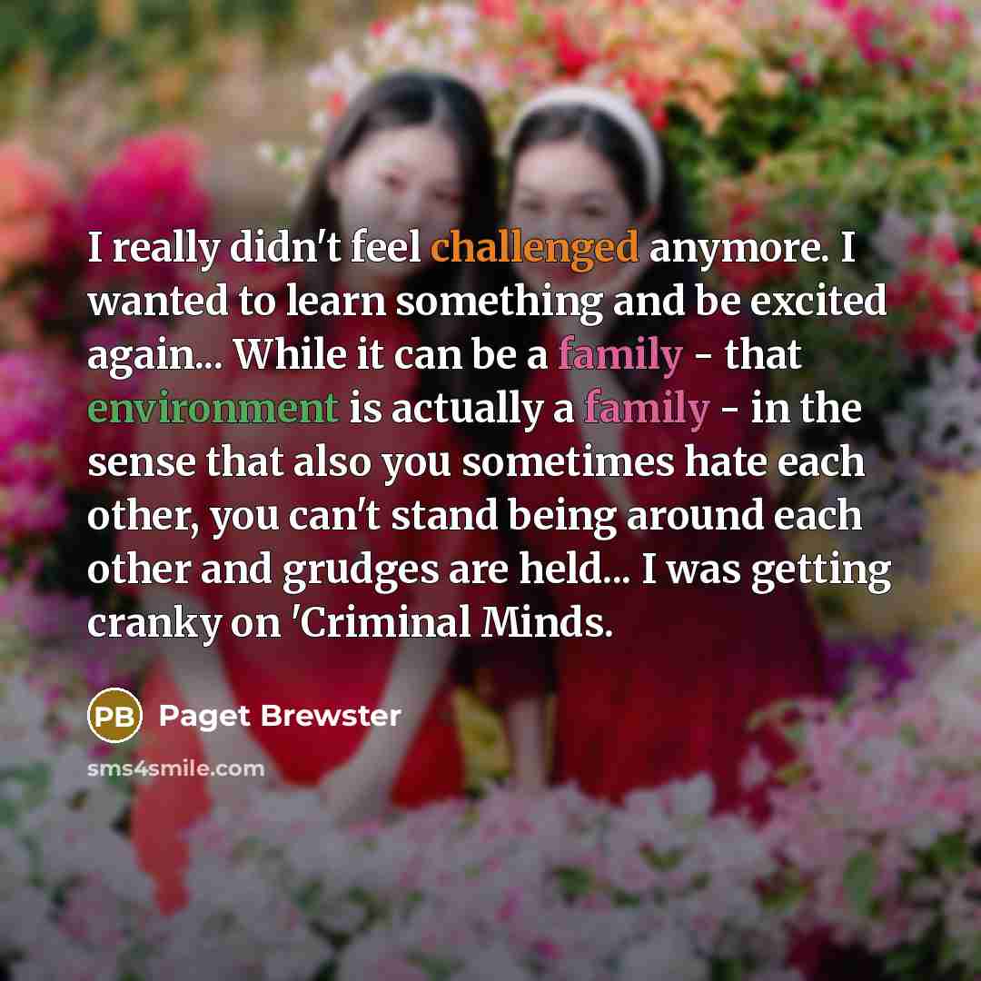 “I really didn't feel challenged anymore. I wanted to learn something and be excited again... While it can be a family - that environment is actually a family - in the sense that also you sometimes hate each other, you can't stand being around each other and grudges are held... I was getting cranky…” quote by Paget Brewster
