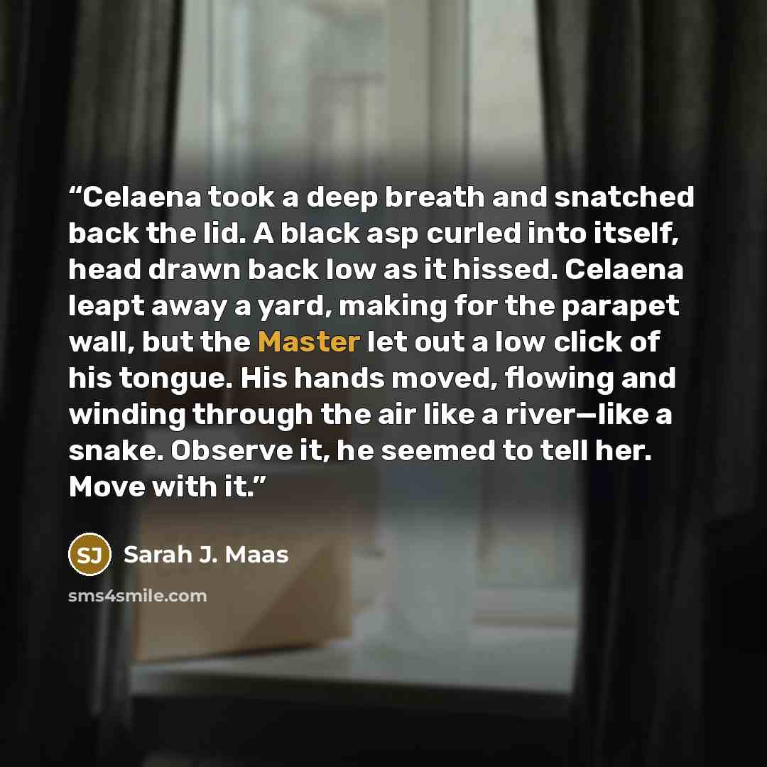 “Celaena took a deep breath and snatched back the lid. A black asp curled into itself, head drawn back low as it hissed. Celaena leapt away a yard, making for the parapet wall, but the Master let out a low click of his tongue. His hands moved, flowing and winding through the air like a river—like a…” quote by Sarah J. Maas