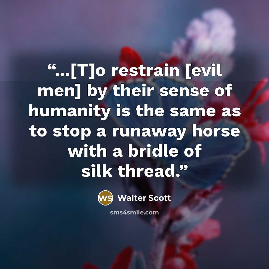 “...[T]o restrain [evil men] by their sense of humanity is the same as to stop a runaway horse with a bridle of silk thread.” quote by Walter Scott