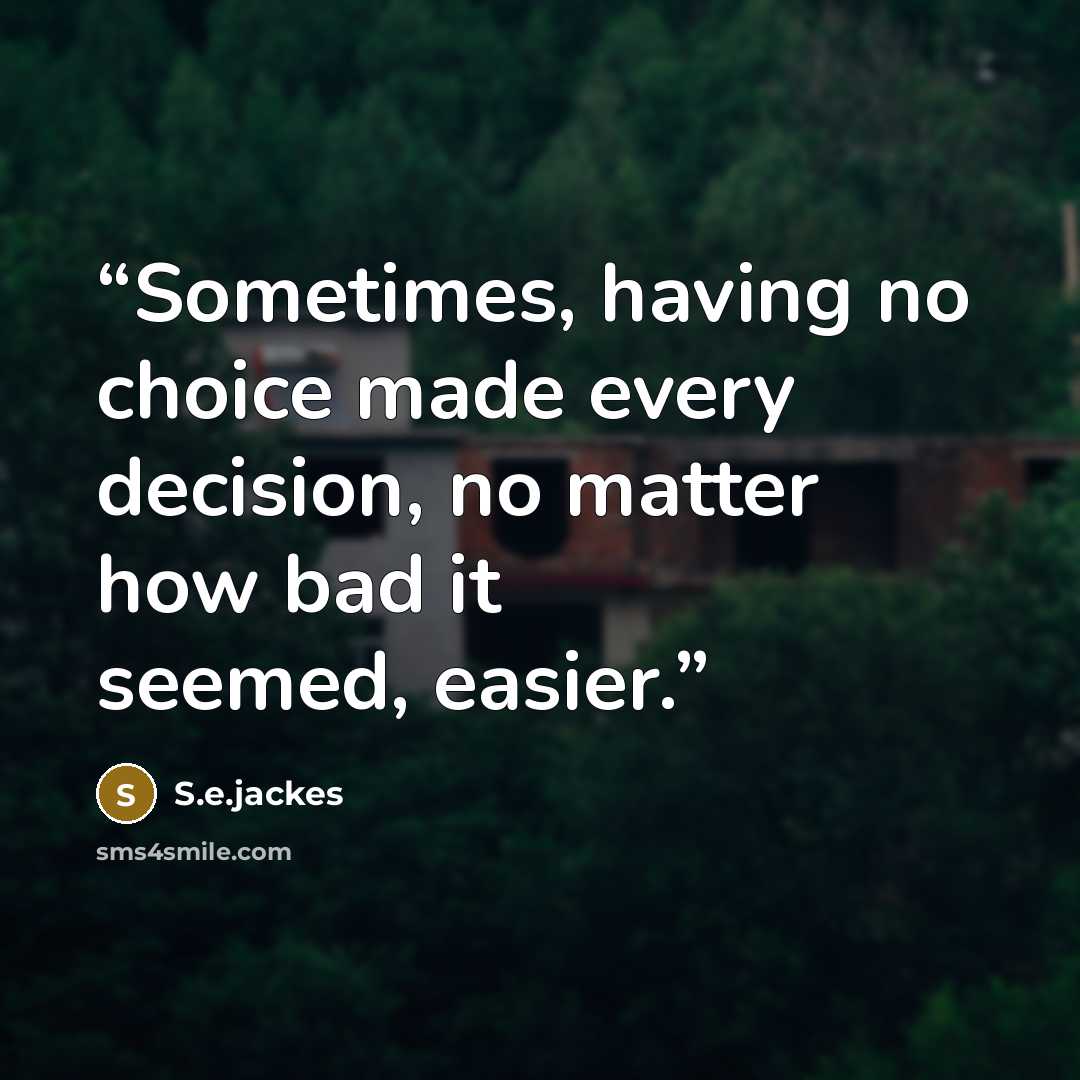 “Sometimes, having no choice made every decision, no matter how bad it seemed, easier.” quote by S.e.jackes