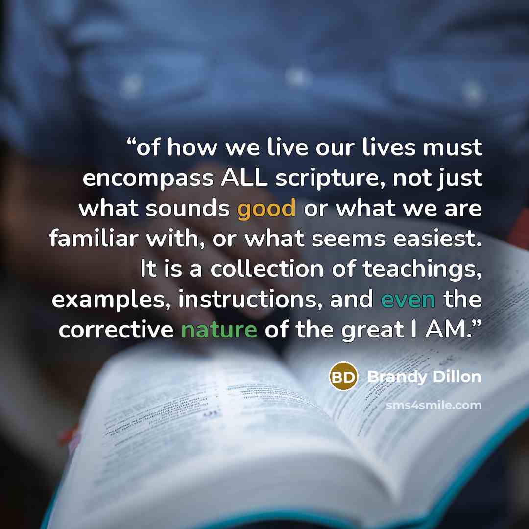 “of how we live our lives must encompass ALL scripture, not just what sounds good or what we are familiar with, or what seems easiest. It is a collection of teachings, examples, instructions, and even the corrective nature of the great I AM.” quote by Brandy Dillon