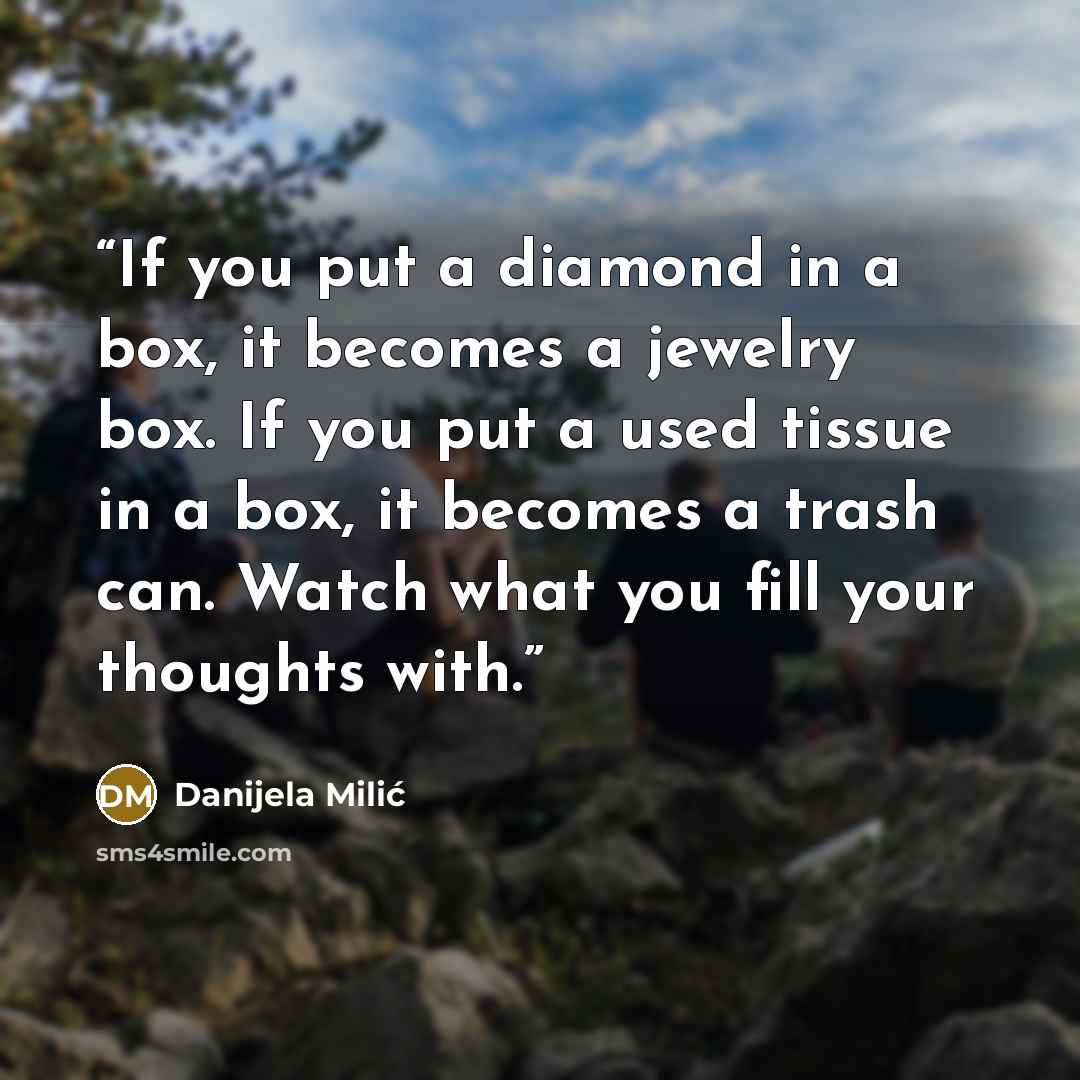 “If you put a diamond in a box, it becomes a jewelry box. If you put a used tissue in a box, it becomes a trash can. Watch what you fill your thoughts with.” quote by Danijela Milić