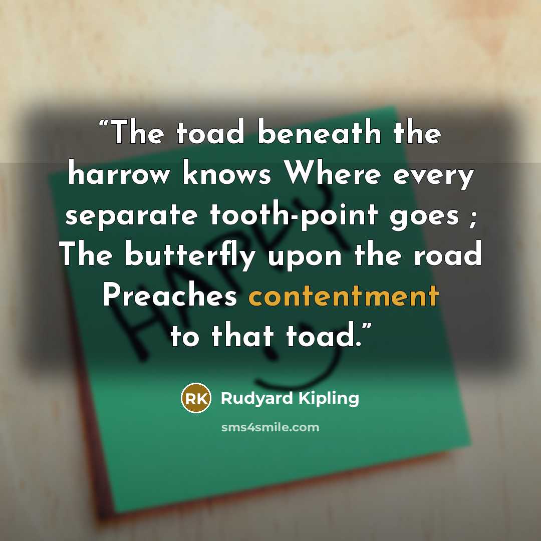 “The toad beneath the harrow knows Where every separate tooth-point goes ; The butterfly upon the road Preaches contentment to that toad.” quote by Rudyard Kipling