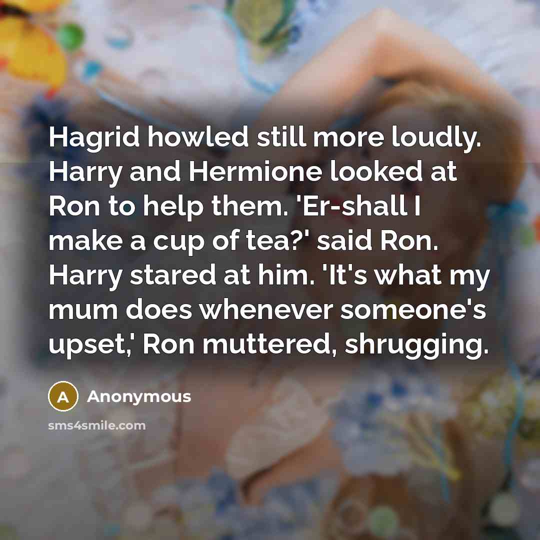 “Hagrid howled still more loudly. Harry and Hermione looked at Ron to help them. 'Er-shall I make a cup of tea?' said Ron. Harry stared at him. 'It's what my mum does whenever someone's upset,' Ron muttered, shrugging.” quote by Anonymous