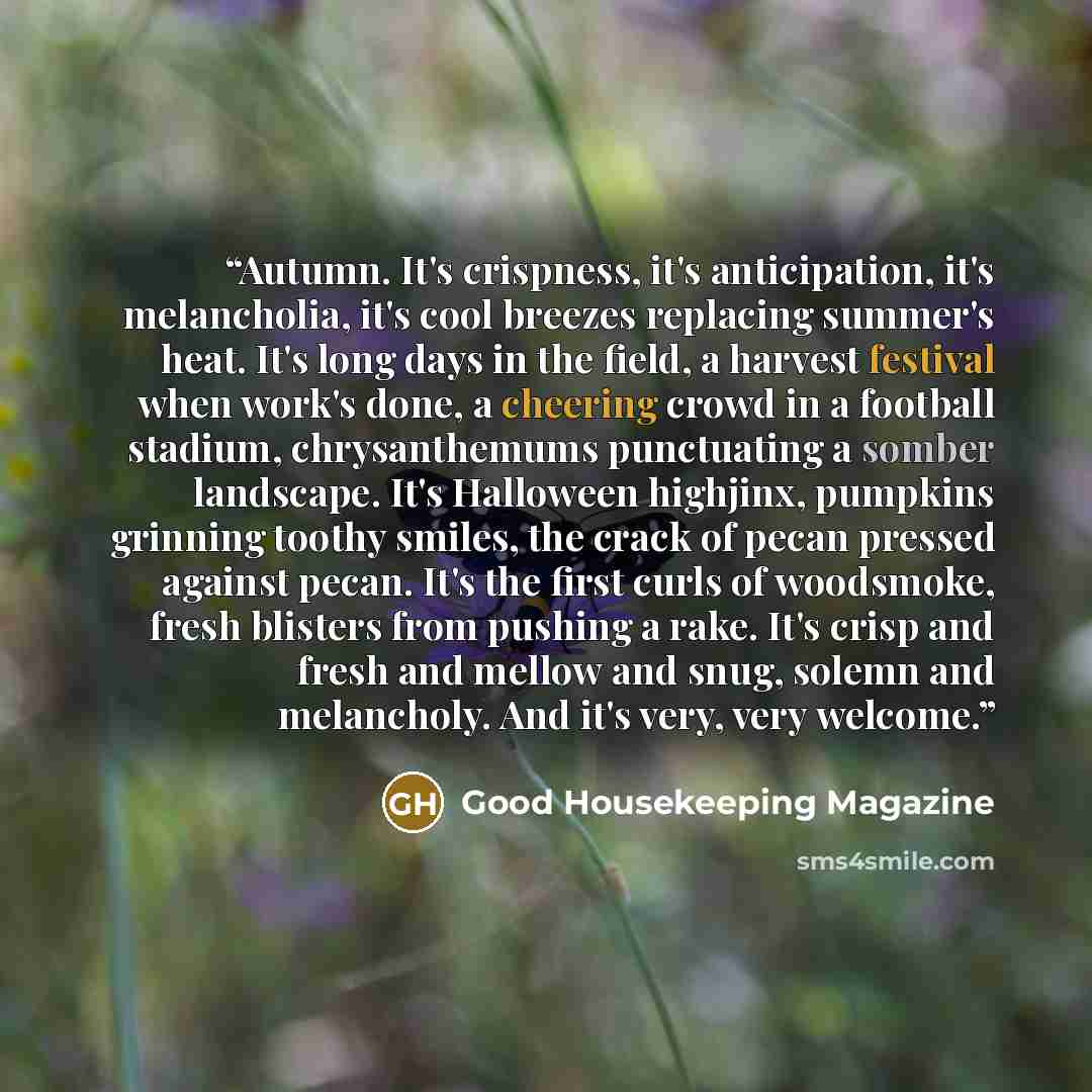 “Autumn. It's crispness, it's anticipation, it's melancholia, it's cool breezes replacing summer's heat. It's long days in the field, a harvest festival when work's done, a cheering crowd in a football stadium, chrysanthemums punctuating a somber landscape. It's Halloween highjinx, pumpkins…” quote by Good Housekeeping Magazine