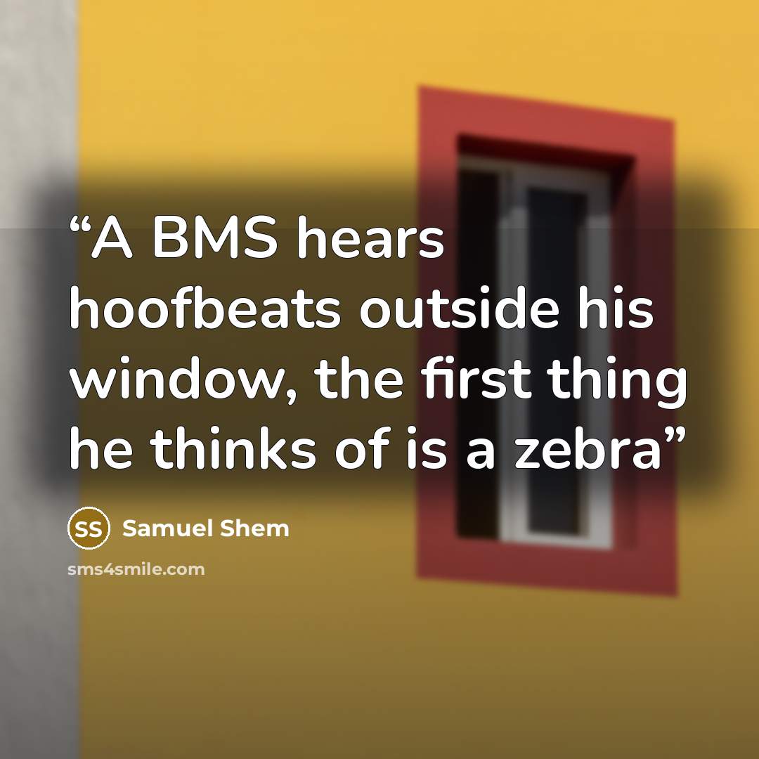 “A BMS hears hoofbeats outside his window, the first thing he thinks of is a zebra” quote by Samuel Shem