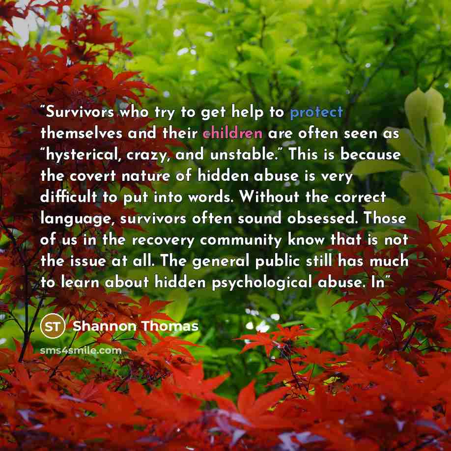 “Survivors who try to get help to protect themselves and their children are often seen as “hysterical, crazy, and unstable.” This is because the covert nature of hidden abuse is very difficult to put into words. Without the correct language, survivors often sound obsessed. Those of us in the…” quote by Shannon Thomas