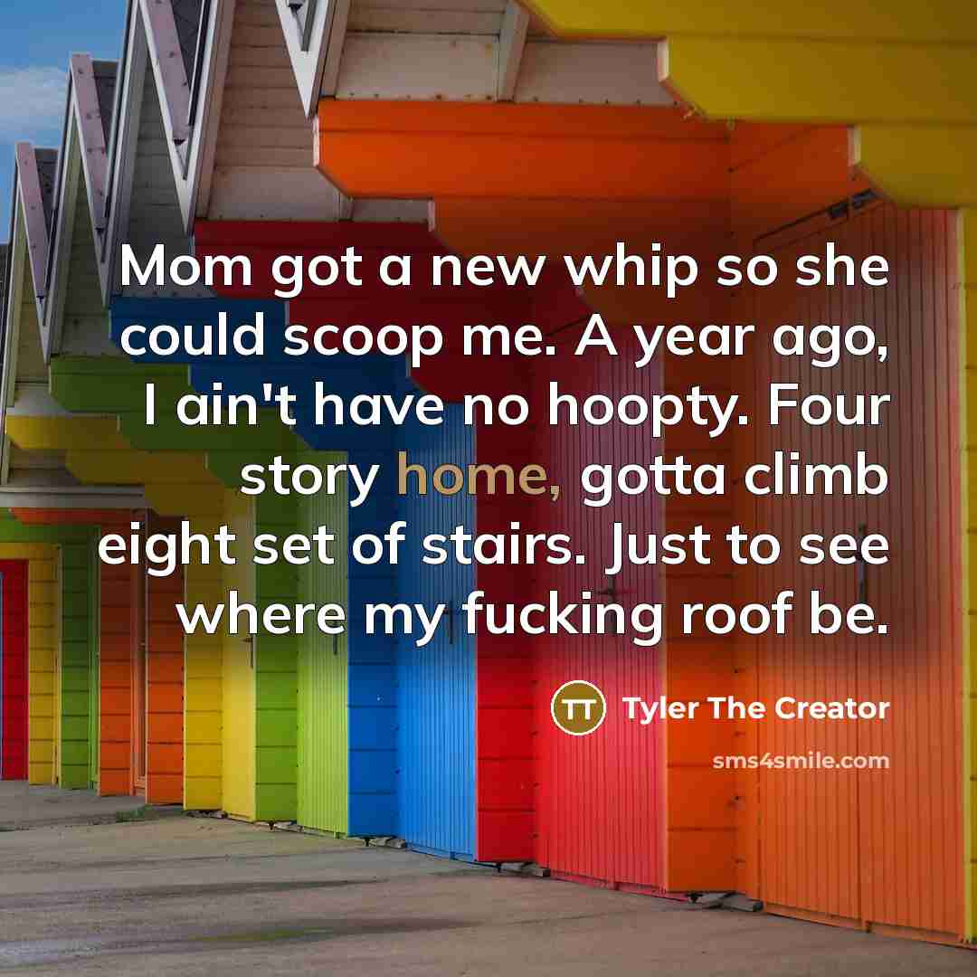 “Mom got a new whip so she could scoop me. A year ago, I ain't have no hoopty. Four story home, gotta climb eight set of stairs. Just to see where my fucking roof be.” quote by Tyler The Creator