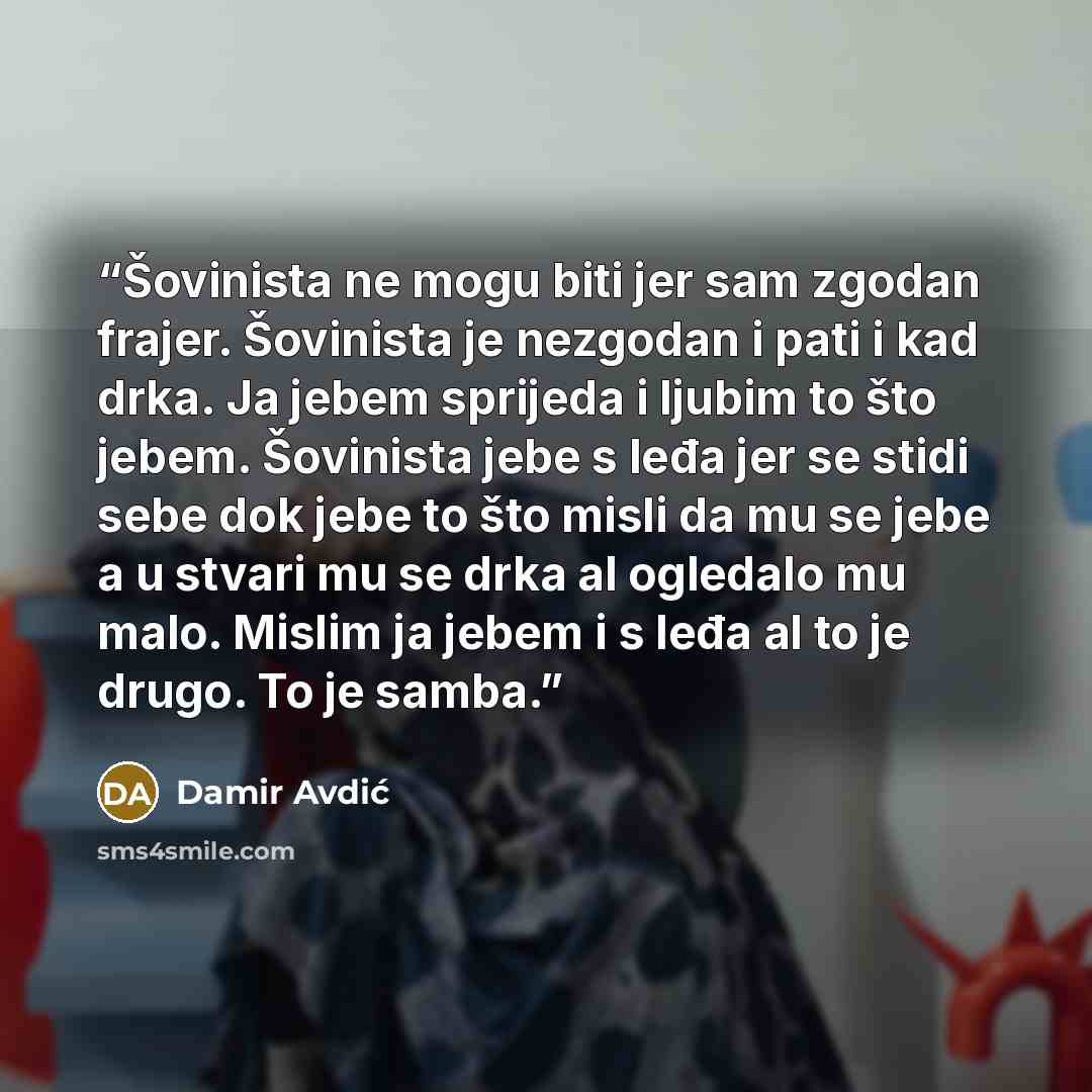 “Šovinista ne mogu biti jer sam zgodan frajer. Šovinista je nezgodan i pati i kad drka. Ja jebem sprijeda i ljubim to što jebem. Šovinista jebe s leđa jer se stidi sebe dok jebe to što misli da mu se jebe a u stvari mu se drka al ogledalo mu malo. Mislim ja jebem i s leđa al to je drugo. To je samba.” quote by Damir Avdić