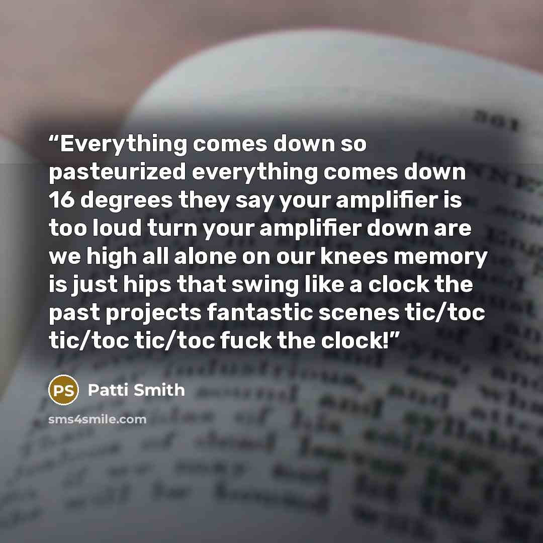 “Everything comes down so pasteurized everything comes down 16 degrees they say your amplifier is too loud turn your amplifier down are we high all alone on our knees memory is just hips that swing like a clock the past projects fantastic scenes tic/toc tic/toc tic/toc fuck the clock!” quote by Patti Smith