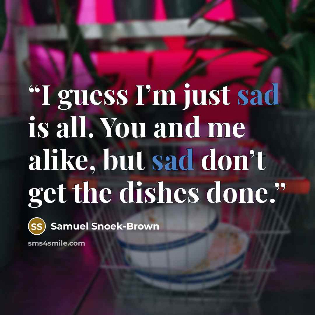“I guess I’m just sad is all. You and me alike, but sad don’t get the dishes done.” quote by Samuel Snoek-Brown