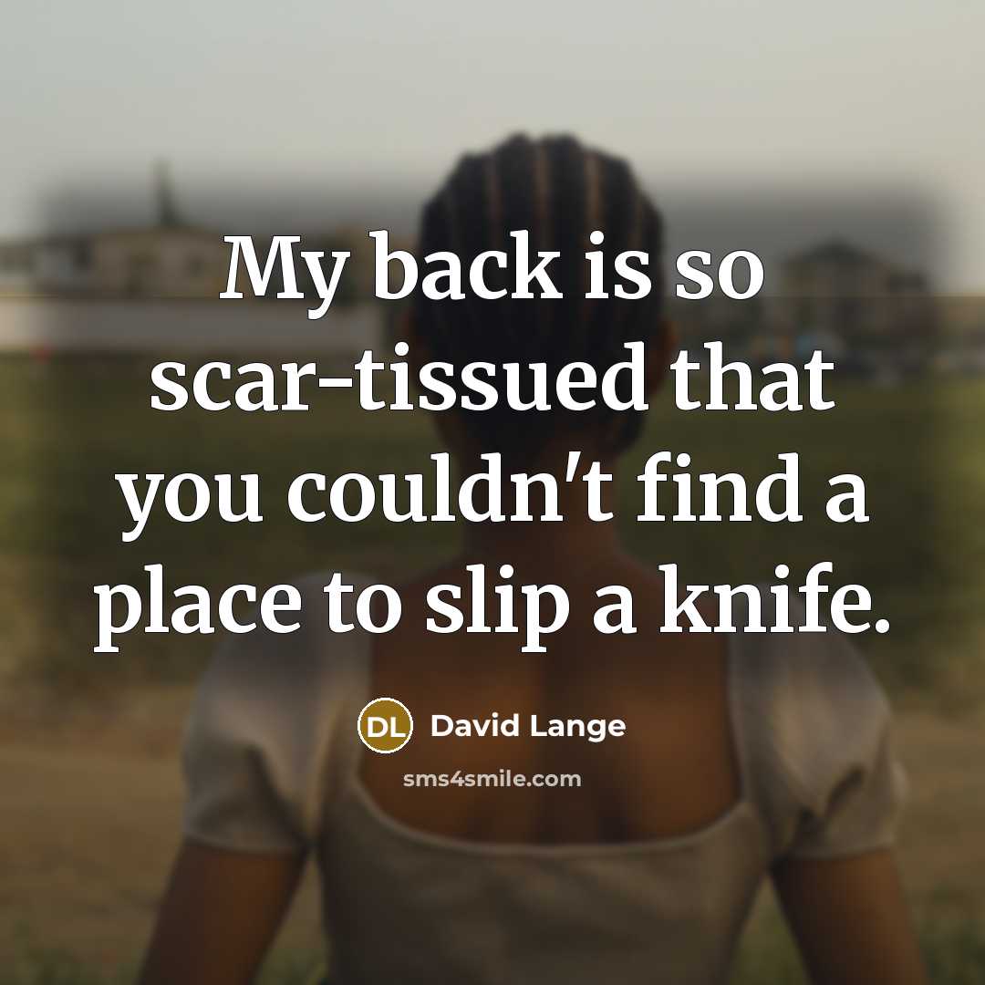 “My back is so scar-tissued that you couldn't find a place to slip a knife.” quote by David Lange