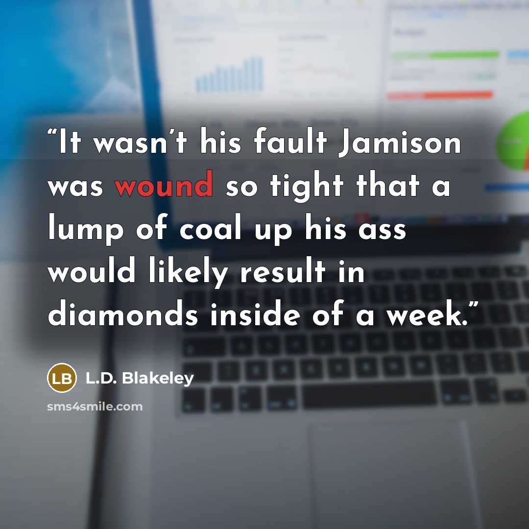 “It wasn’t his fault Jamison was wound so tight that a lump of coal up his ass would likely result in diamonds inside of a week.” quote by L.D. Blakeley
