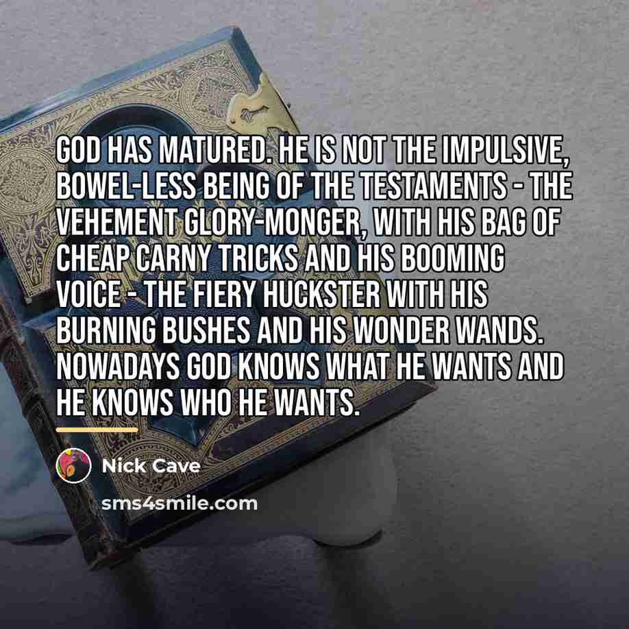 “God has matured. He is not the impulsive, bowel-less being…” quote by Nick Cave