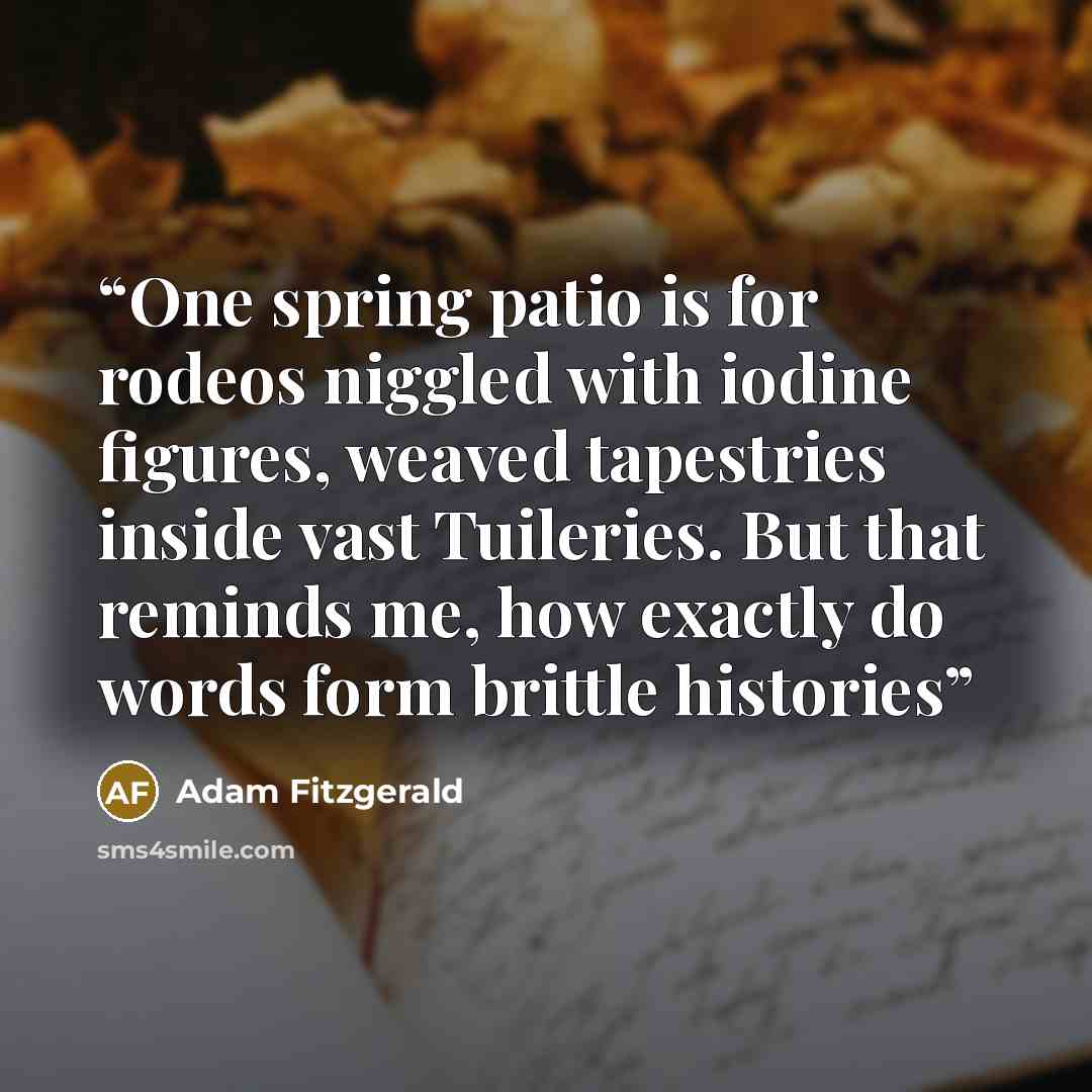 “One spring patio is for rodeos niggled with iodine figures, weaved tapestries inside vast Tuileries. But that reminds me, how exactly do words form brittle histories” quote by Adam Fitzgerald