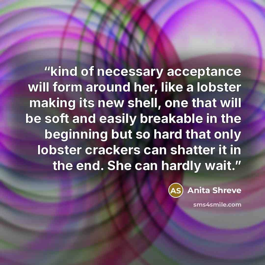 “kind of necessary acceptance will form around her, like a lobster making its new shell, one that will be soft and easily breakable in the beginning but so hard that only lobster crackers can shatter it in the end. She can hardly wait.” quote by Anita Shreve