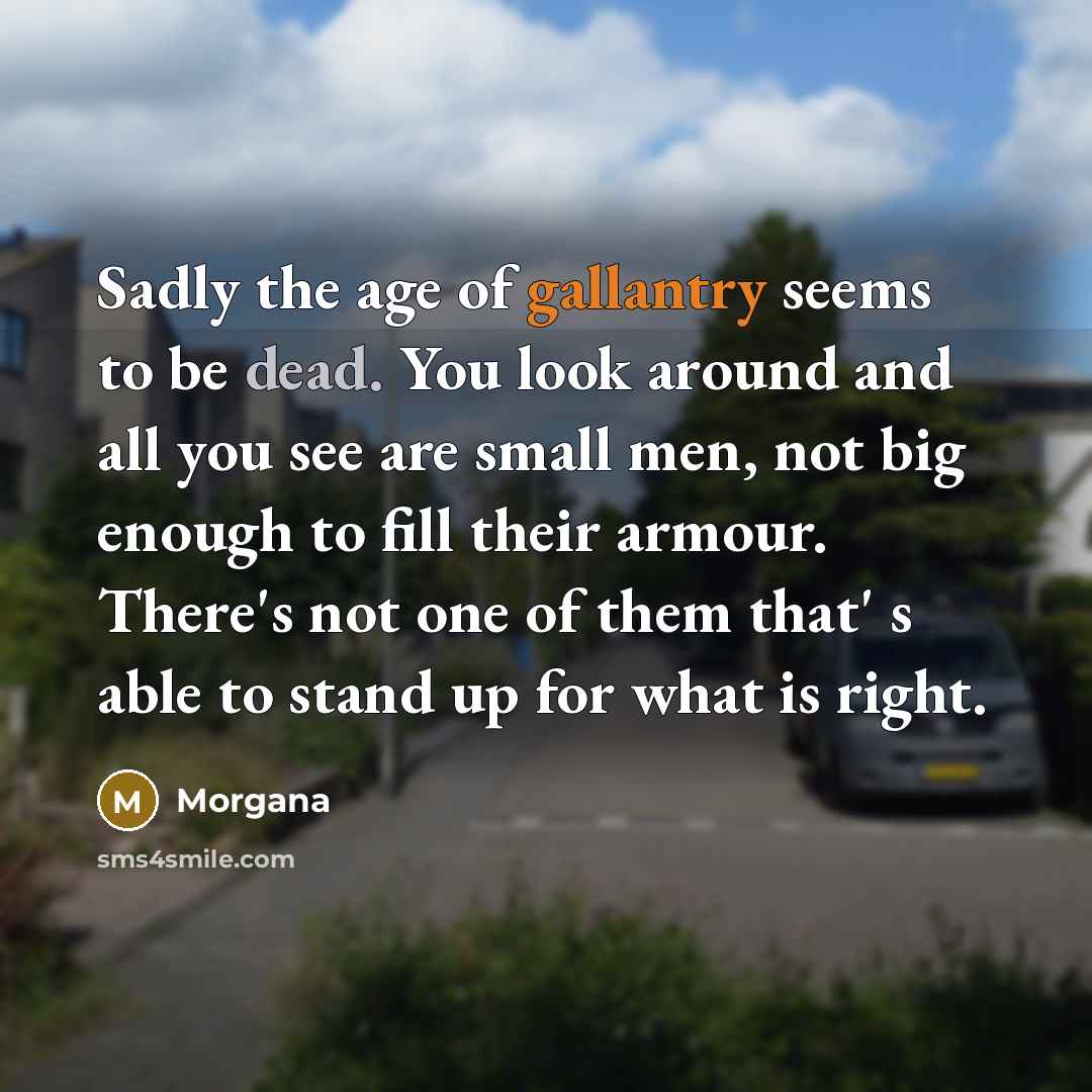 “Sadly the age of gallantry seems to be dead. You look around and all you see are small men, not big enough to fill their armour. There's not one of them that' s able to stand up for what is right.” quote by Morgana