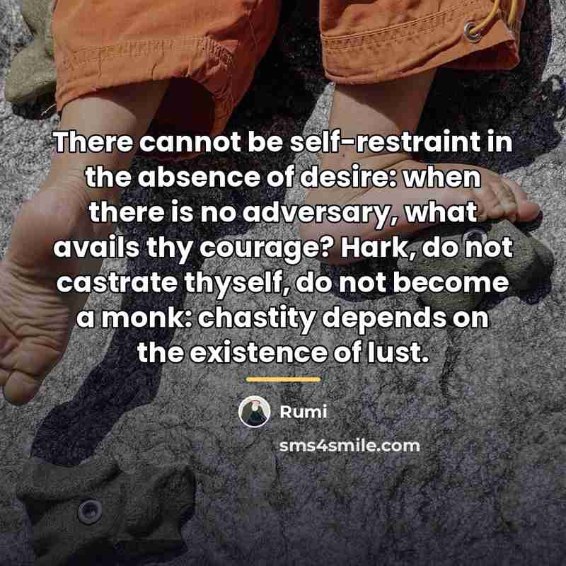 “There cannot be self-restraint in the absence of desire: when…” quote by Rumi