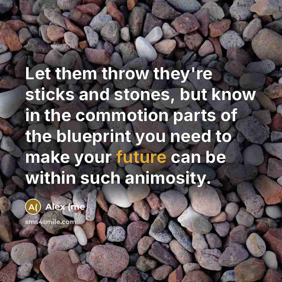 “Let them throw they're sticks and stones, but know in the commotion parts of the blueprint you need to make your future can be within such animosity.” quote by Alex (me