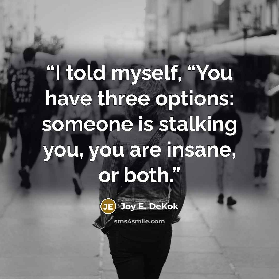 “I told myself, “You have three options: someone is stalking you, you are insane, or both.” quote by Joy E. DeKok
