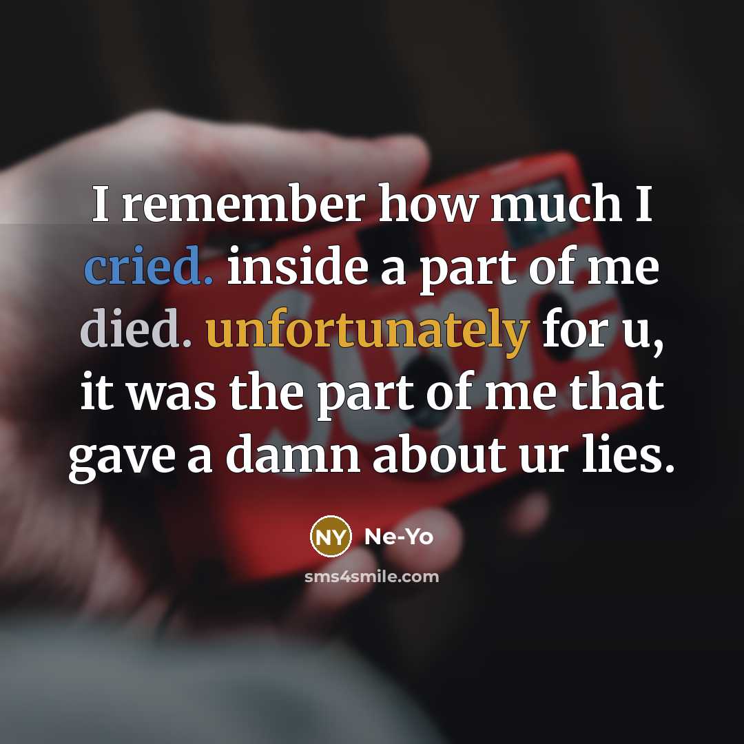 “I remember how much I cried. inside a part of me died. unfortunately for u, it was the part of me that gave a damn about ur lies.” quote by Ne-yo