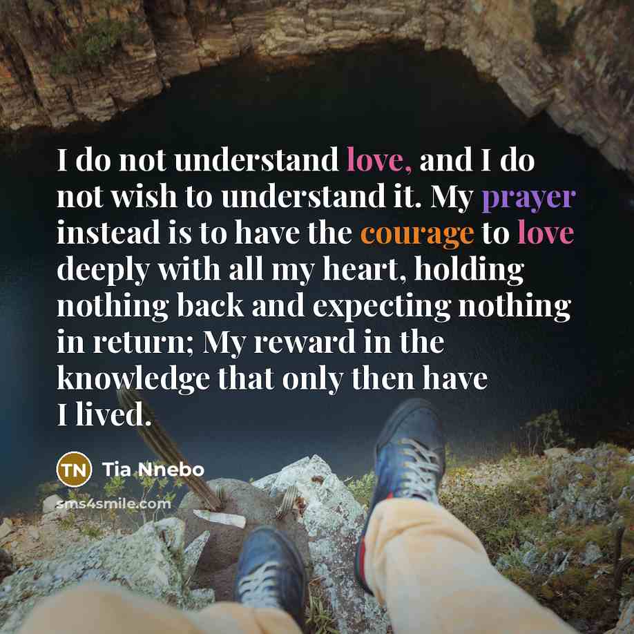 “I do not understand love, and I do not wish…” quote by Tia Nnebo