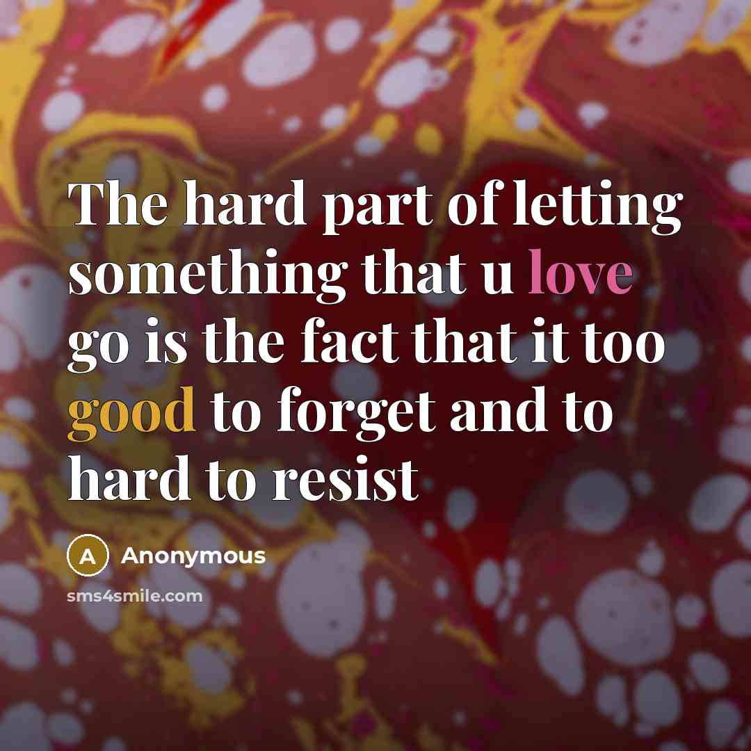“The hard part of letting something that u love go is the fact that it too good to forget and to hard to resist” quote by Anonymous