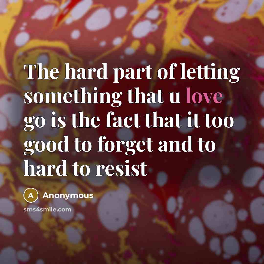 “The hard part of letting something that u love go is the fact that it too good to forget and to hard to resist” quote by Anonymous
